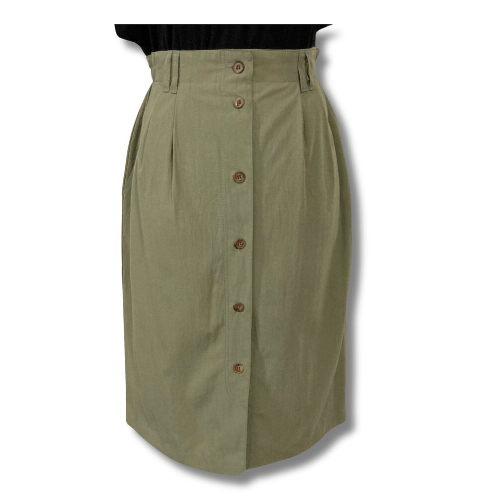 PETITE SPORT Vintage khaki green button front a-line skirt ~ Stretchy MEDIUM